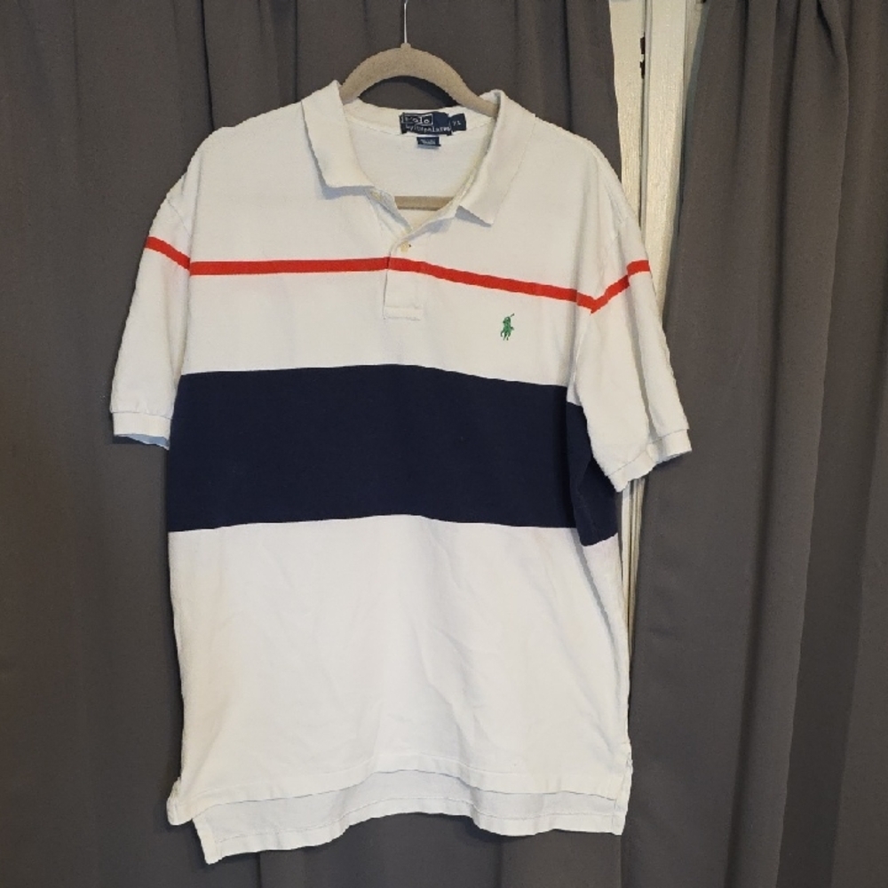Polo‎ by Ralph Lauren Men's White W/Navy/Coral Striped Polo Shirt Sz XL EUC